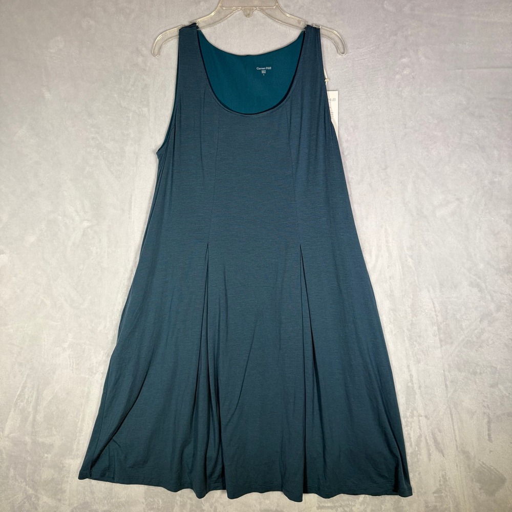 NEW Garnet Hill Dress Womens L Teal Blue Tencel Lyocell Sleeveless Pleated Knit